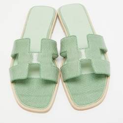Hermès Green Lizard Oran Flat Slides Size 38