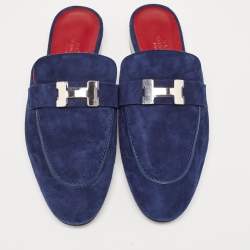 Hermes Navy Blue Suede Trocadero Mules Size 39.5