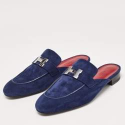 Hermes Navy Blue Suede Trocadero Mules Size 39.5