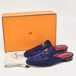 Hermes Navy Blue Suede Trocadero Mules Size 39.5