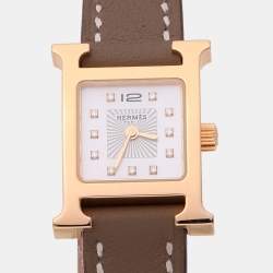 Hermes Mother of Pearl Diamond Yellow Gold Plated Stainless Steel Leather Heure H  HH1.102 Women’s Wristwatch 21mm