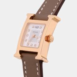 Hermes Mother of Pearl Diamond Yellow Gold Plated Stainless Steel Leather Heure H  HH1.102 Women’s Wristwatch 21mm