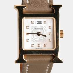 Hermes Mother of Pearl Diamond Yellow Gold Plated Stainless Steel Leather Heure H  HH1.102 Women’s Wristwatch 21mm