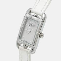 مملوكة مسبقًا Hermès Nantucket NA2.131 Silver Dial Stainless Steel Diamond Alligator Leather Women's Wristwatch 17 mm