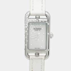 مملوكة مسبقًا Hermès Nantucket NA2.131 Silver Dial Stainless Steel Diamond Alligator Leather Women's Wristwatch 17 mm