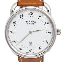 Hermes White Stainless Steel Leather Arceau AR7Q.810 Men's Wristwatch 40 mm