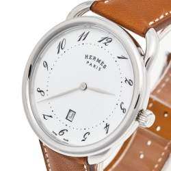 Hermes White Stainless Steel Leather Arceau AR7Q.810 Men's Wristwatch 40 mm