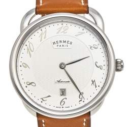 Pre Owned Hermes Silver Stainless Steel Leather Arceau AR8.61AQ Men's Wristwatch 40 mm