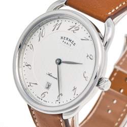 Pre Owned Hermes Silver Stainless Steel Leather Arceau AR8.61AQ Men's Wristwatch 40 mm