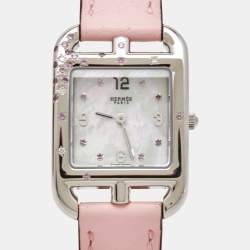 Hermès Mother of Pearl Diamond Sapphires Stainless Steel Calfskin Cape Cod W052160WW00 Women's Wristwatch 23 mm