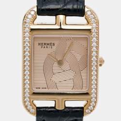 Hermès  Champagne 18K Rose Gold Alligator Leather Diamond Cape Cod CC1.371 Women's Wristwatch 23 mm