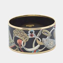 Hermes  Concours d'Etriers Printed Enamel Gold Plated Extra Wide Bracelet