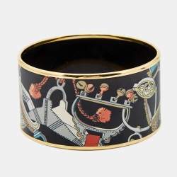 Hermes  Concours d'Etriers Printed Enamel Gold Plated Extra Wide Bracelet