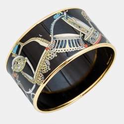 Hermes  Concours d'Etriers Printed Enamel Gold Plated Extra Wide Bracelet