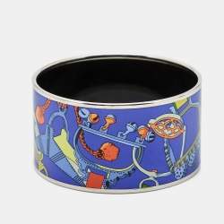 Pre Owned Hermes Concours d'Etriers Printed Enamel Gold Plated Extra Wide Bracelet