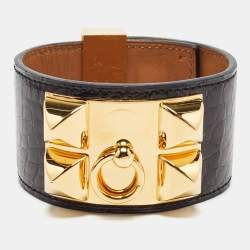 Hermes Collier de Chien Black Alligator Cuff Bracelet L
