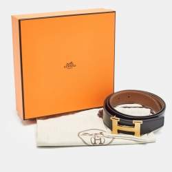 Pre Owned Hermès Black/Gold Togo and Box Leather H Buckle Reversible Belt 85CM