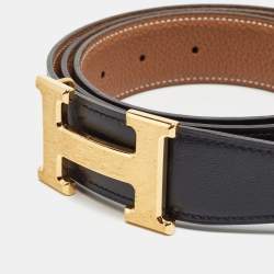 Pre Owned Hermès Black/Gold Togo and Box Leather H Buckle Reversible Belt 85CM