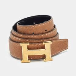 Pre Owned Hermès Black/Gold Togo and Box Leather H Buckle Reversible Belt 85CM