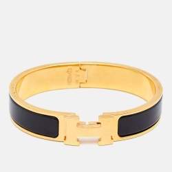 Pre Owned Hermes Clic H Black Enamel Gold Plated Narrow Bracelet
