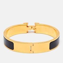 Pre Owned Hermes Clic H Black Enamel Gold Plated Narrow Bracelet