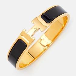 Pre Owned Hermes Clic H Black Enamel Gold Plated Narrow Bracelet