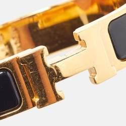 Pre Owned Hermes Clic H Black Enamel Gold Plated Narrow Bracelet