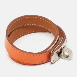Pre Owned Hermes Kelly Leather Palladium Plated Double Tour Bracelet