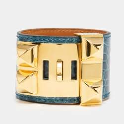 Pre Owned Hermes Collier De Chien Green Alligator Leather Gold Plated Bracelet