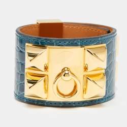 Pre Owned Hermes Collier De Chien Green Alligator Leather Gold Plated Bracelet