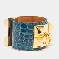 Pre Owned Hermes Collier De Chien Green Alligator Leather Gold Plated Bracelet