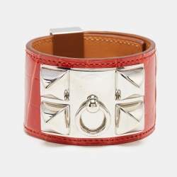 Pre Owned Hermès Collier De Chien Red Alligator Leather Palladium Plated Bracelet