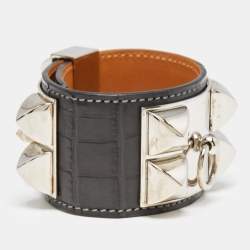 Pre Owned Hermès Collier De Chien Black Alligator Leather Palladium Plated Bracelet
