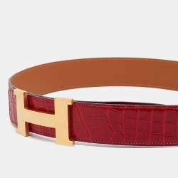 Hermes Braise Crocodile Porosus Brushed Constance Buckle Belt 90 CM
