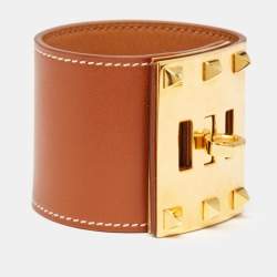 Pre Owned Hermès Kelly Dog Brown Leather Gold Plated Bracelet