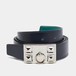 Hermes Malachite/Bleu Marine Evercolor and Box Leather Collier De Chien Reversible Belt 100 CM