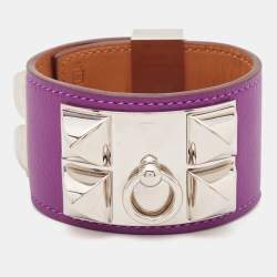 Pre Owned Hermes Collier De Chien Purple Leather Palladium Plated Bracelet