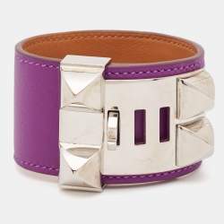 Pre Owned Hermes Collier De Chien Purple Leather Palladium Plated Bracelet