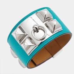 Pre Owned Hermes Collier de Chien Leather Palladium Plated Wide Bracelet
