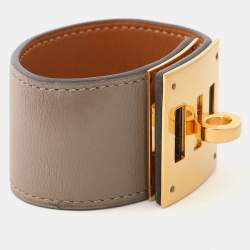Pre Owned Hermes Grey Leather Rose Gold Plated Kelly Dog Cuff Bracelet