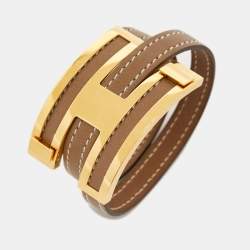 Pre Owned Hermes Pousse Pousse Brown Leather Gold Plated Bracelet