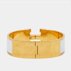 Pre Owned Hermès Clic Clac H White Enamel Gold Plated Wide Bracelet 