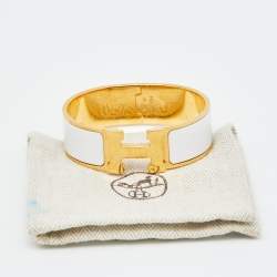 Pre Owned Hermès Clic Clac H White Enamel Gold Plated Wide Bracelet 