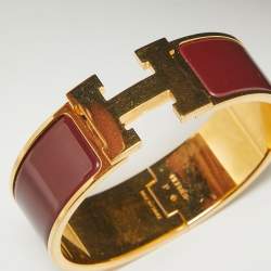 Pre Owned Hermes Clic Clac H Burgandy Gold Plated Bracelet