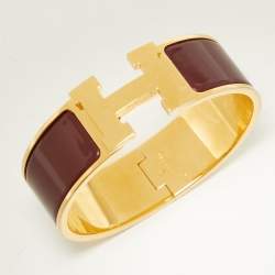 Pre Owned Hermes Clic Clac H Burgandy Gold Plated Bracelet