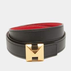 Pre Owned Hermes Noir/Rouge Casaque Swift and Epsom Leather Medor H Buckle Belt 90 CM