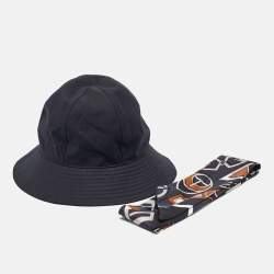 Pre Owned Hermes Black Gabardine and Printed Silk Twilly Bucket Hat
