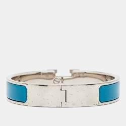 Pre Owned Hermès Clic H Blue Enamel Palladium Plated Bracelet