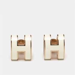 Hermès Pop H White Enamel Gold Plated Stud Earrings