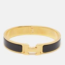 Pre Owned Hermès Clic H Black Enamel Gold Plated Bracelet